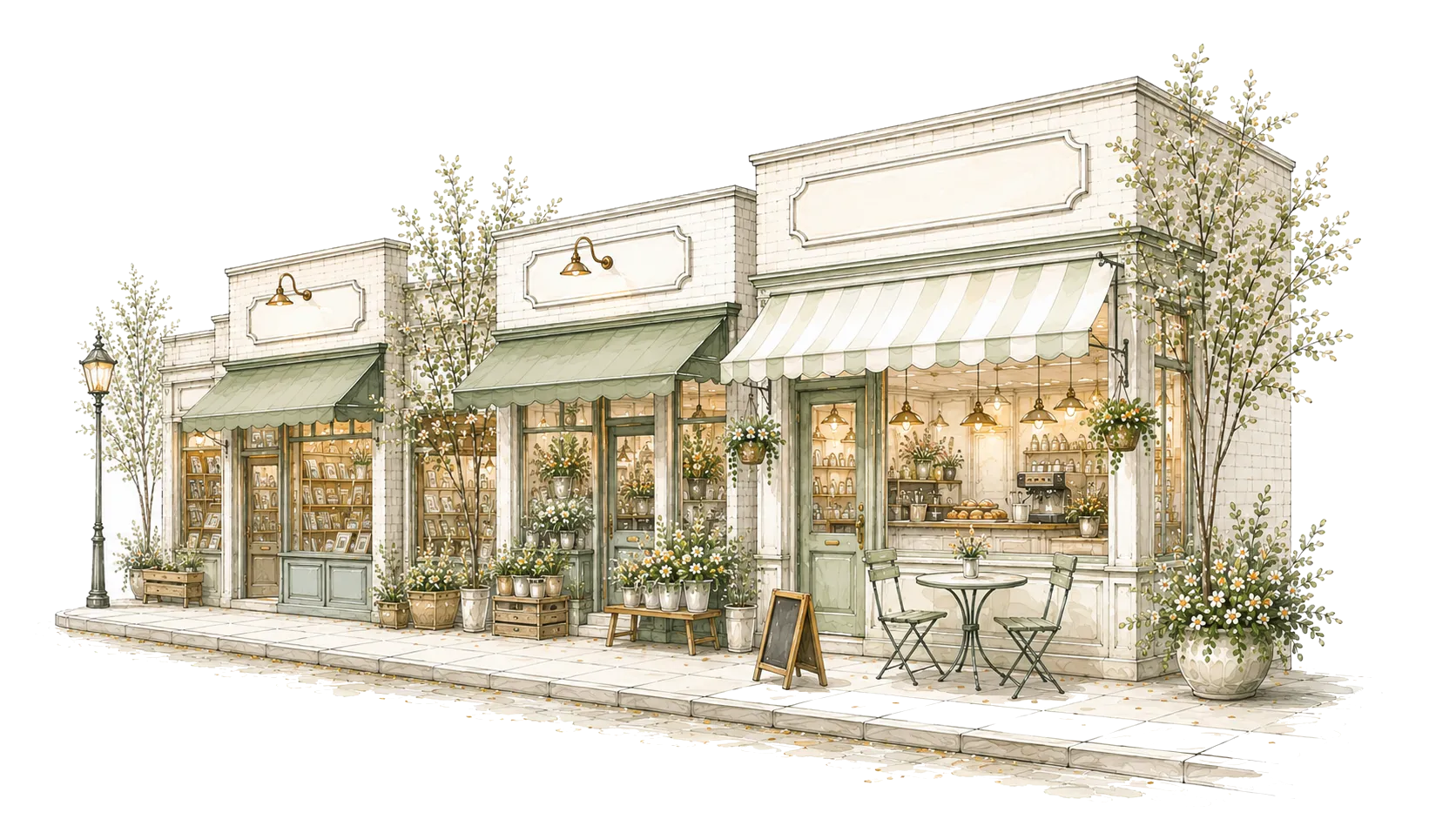 Watercolor illustration of small businesses along a main street